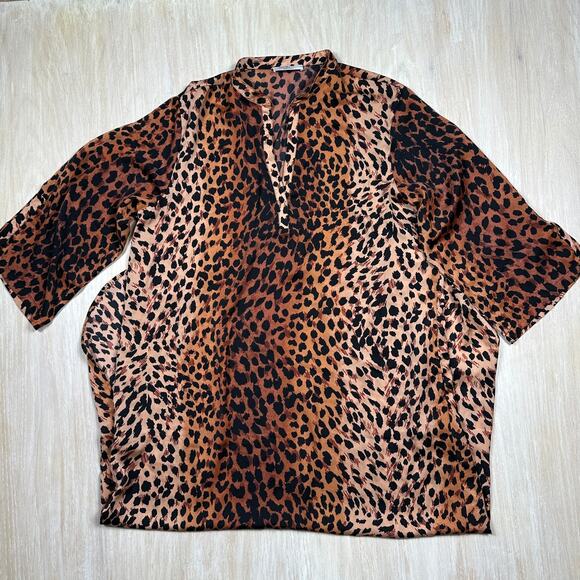 Natori Cheetah Animal Print Mandarin Sleepshirt Loungewear Caftan Dress XL - Picture 1 of 16